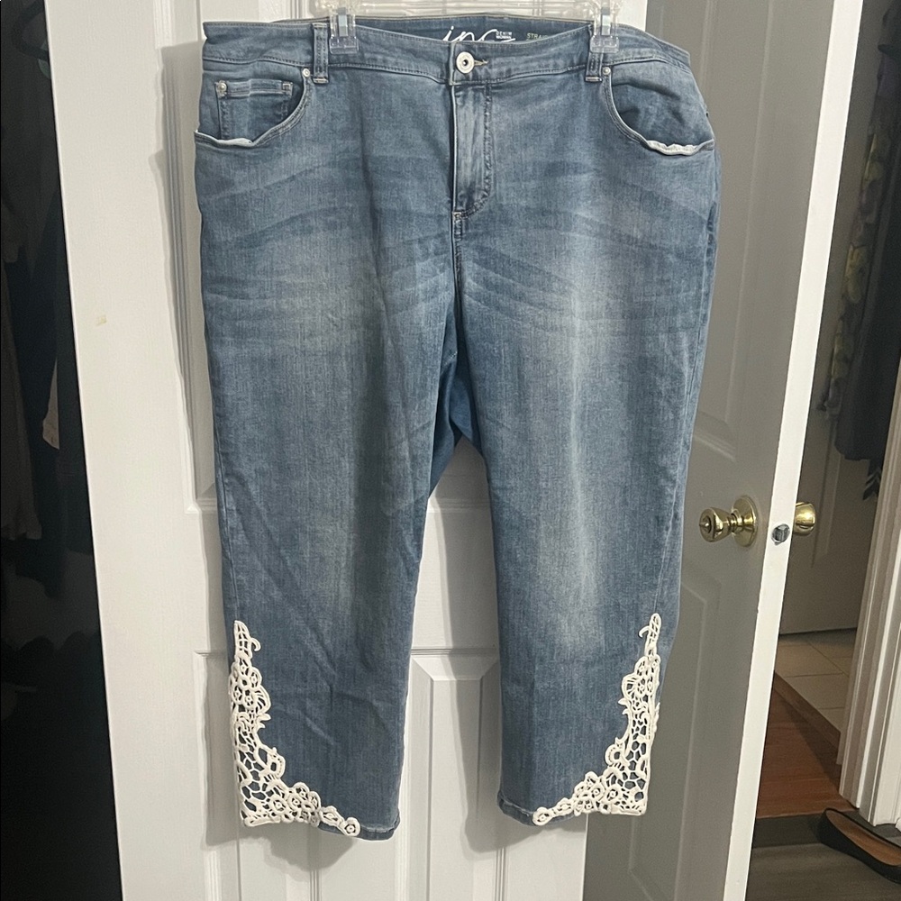 INC International Concepts Light Blue Cropped Jeans with Lace Accents